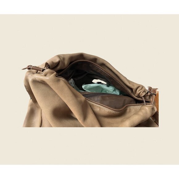 Italian Leather Shoulder Crossbody Bag 1990s –Two‑Tone Brown – Drawstring Buckle - Picture 5 of 8